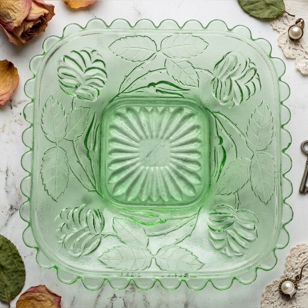 Crown Crystal Butter Plate Green Depression Glass Square Floral Vintage No Glow